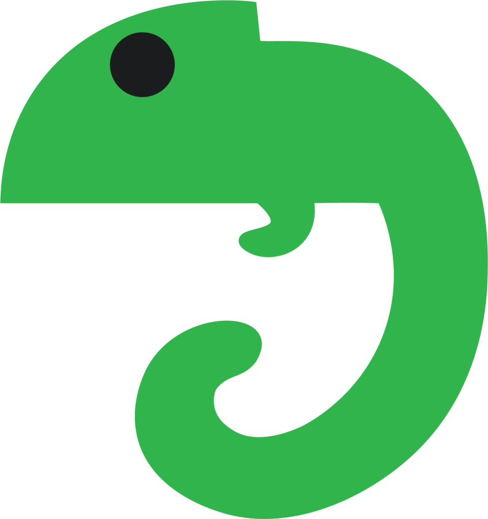 DesignedByDom Logo small and in the left top corner on the page. My logo is a chameleon shaped as my first initial 'D'.